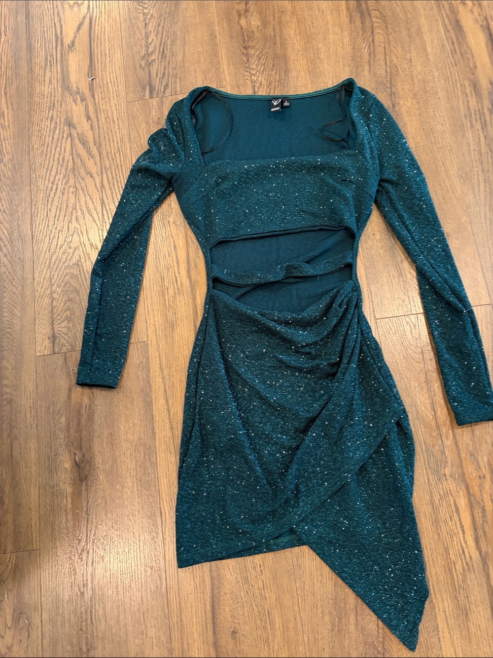 Windsor Teal Glitter Long-Sleeve Cutout Dress